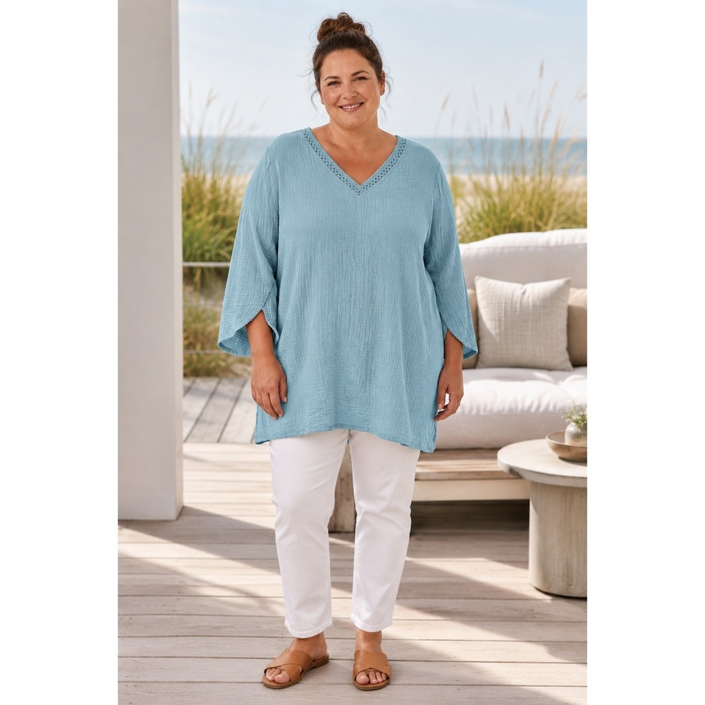 LOGO Lori Goldstein Beach to Street Cotton Gauze Tunic Top Aqua Blue 1X Pockets